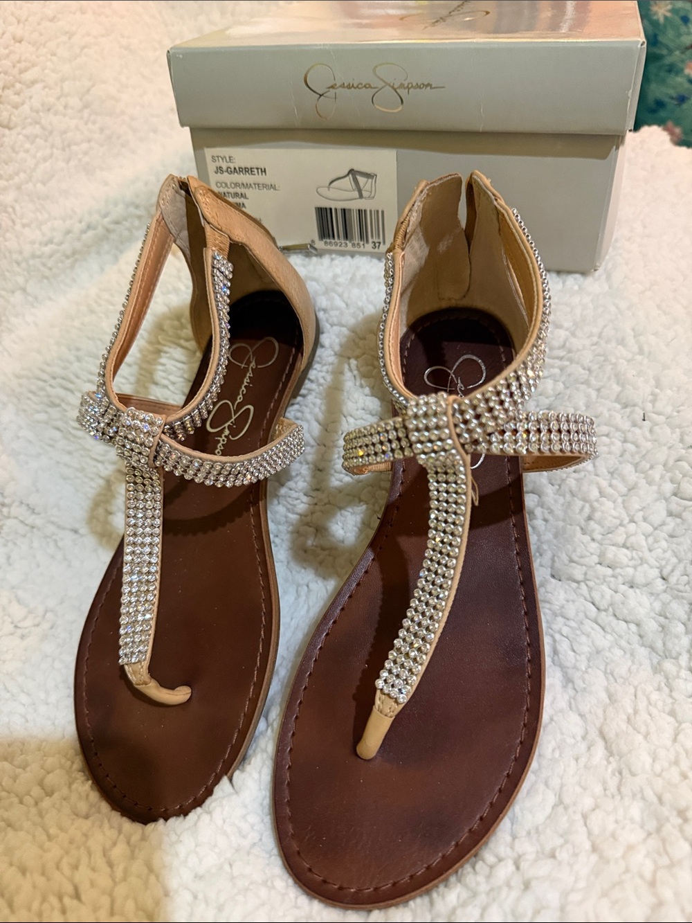 Jessica Simpson Tan Rhinestone T-Strap Sandals with Brown Footbed
